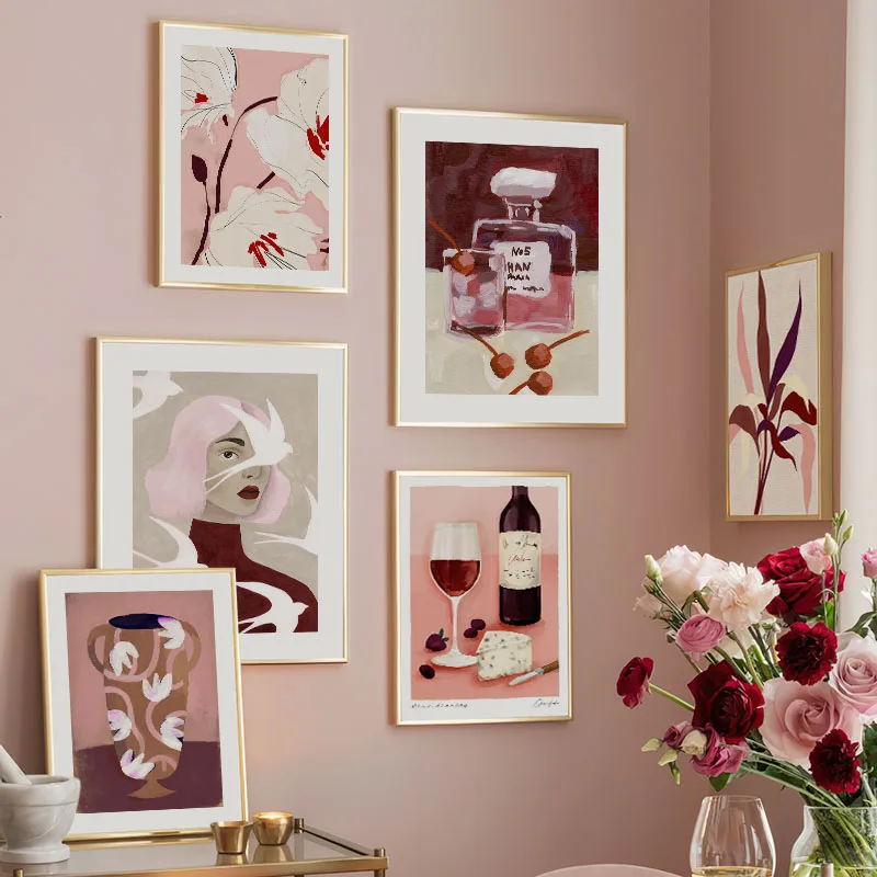 Wine Beer Bar - Red Striped Girl Flower Birds Red